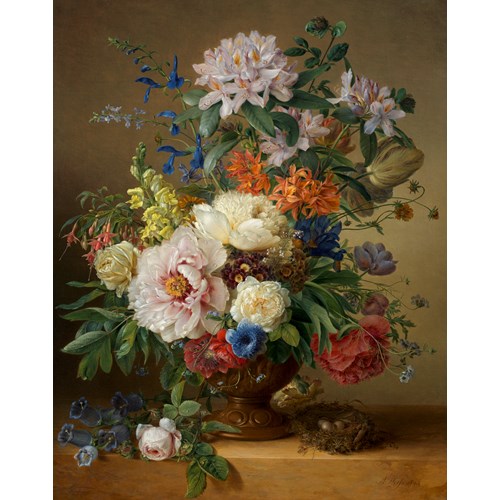 A peony, rhododendron, azalea, antirrhinum and larkspur in a  sculpted urn on a stone ledge with a bird’s nest